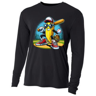 Banana Playing Baseball Funny Fruit Lover Baseball Player Gift Cooling Performance Long Sleeve Crew