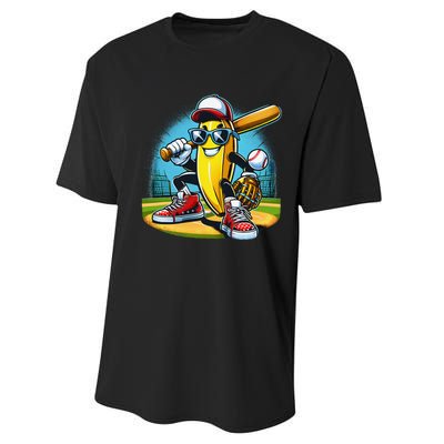 Banana Playing Baseball Funny Fruit Lover Baseball Player Gift Performance Sprint T-Shirt