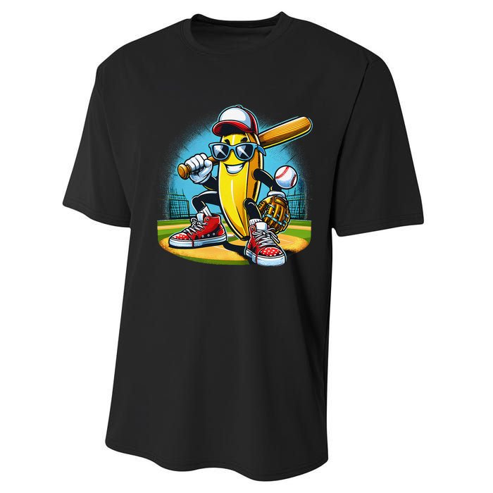 Banana Playing Baseball Funny Fruit Lover Baseball Player Gift Performance Sprint T-Shirt