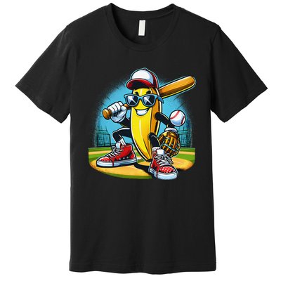 Banana Playing Baseball Funny Fruit Lover Baseball Player Gift Premium T-Shirt