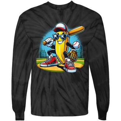 Banana Playing Baseball Funny Fruit Lover Baseball Player Gift Tie-Dye Long Sleeve Shirt