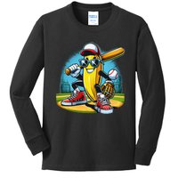 Banana Playing Baseball Funny Fruit Lover Baseball Player Gift Kids Long Sleeve Shirt