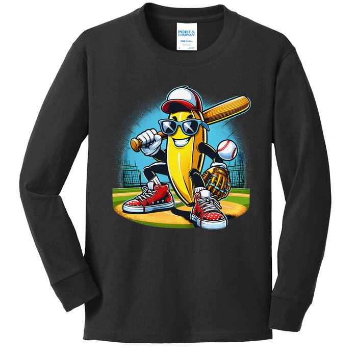 Banana Playing Baseball Funny Fruit Lover Baseball Player Gift Kids Long Sleeve Shirt