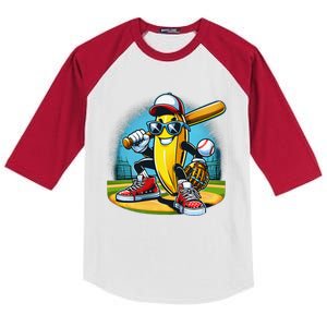 Banana Playing Baseball Funny Fruit Lover Baseball Player Gift Kids Colorblock Raglan Jersey