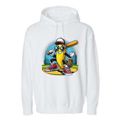 Banana Playing Baseball Funny Fruit Lover Baseball Player Gift Garment-Dyed Fleece Hoodie