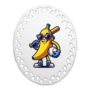 Banana Playing Baseball Fruit Lover Baseball Player Ceramic Oval Ornament