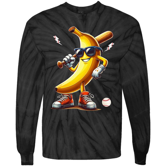 Banana Playing Baseball Funny Baseball Game Tie-Dye Long Sleeve Shirt