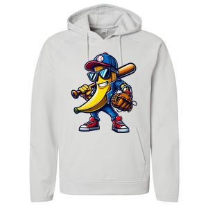 Banana Playing Baseball Fruit Lover Funny Baseball Player Performance Fleece Hoodie