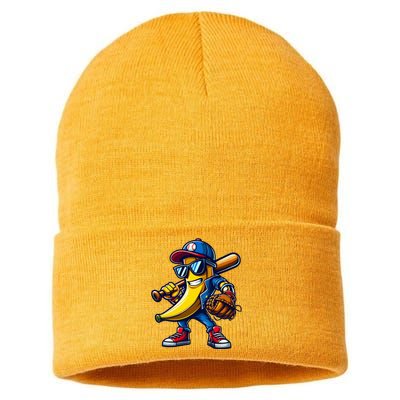 Banana Playing Baseball Fruit Lover Funny Baseball Player Sustainable Knit Beanie