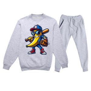 Banana Playing Baseball Fruit Lover Funny Baseball Player Premium Crewneck Sweatsuit Set