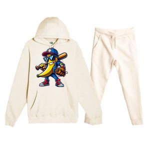 Banana Playing Baseball Fruit Lover Funny Baseball Player Premium Hooded Sweatsuit Set