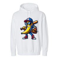 Banana Playing Baseball Fruit Lover Funny Baseball Player Garment-Dyed Fleece Hoodie