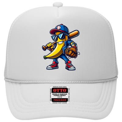 Banana Playing Baseball Fruit Lover Funny Baseball Player High Crown Mesh Back Trucker Hat