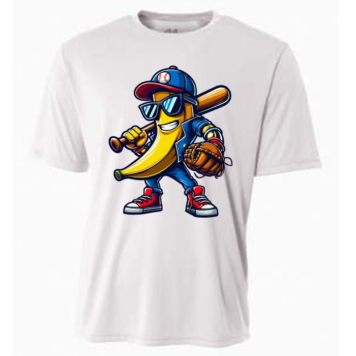 Banana Playing Baseball Fruit Lover Funny Baseball Player Cooling Performance Crew T-Shirt