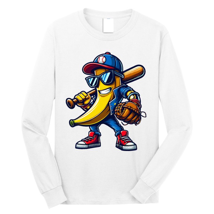 Banana Playing Baseball Fruit Lover Funny Baseball Player Long Sleeve Shirt