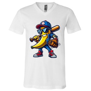 Banana Playing Baseball Fruit Lover Funny Baseball Player V-Neck T-Shirt