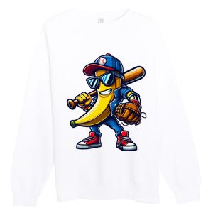 Banana Playing Baseball Fruit Lover Funny Baseball Player Premium Crewneck Sweatshirt