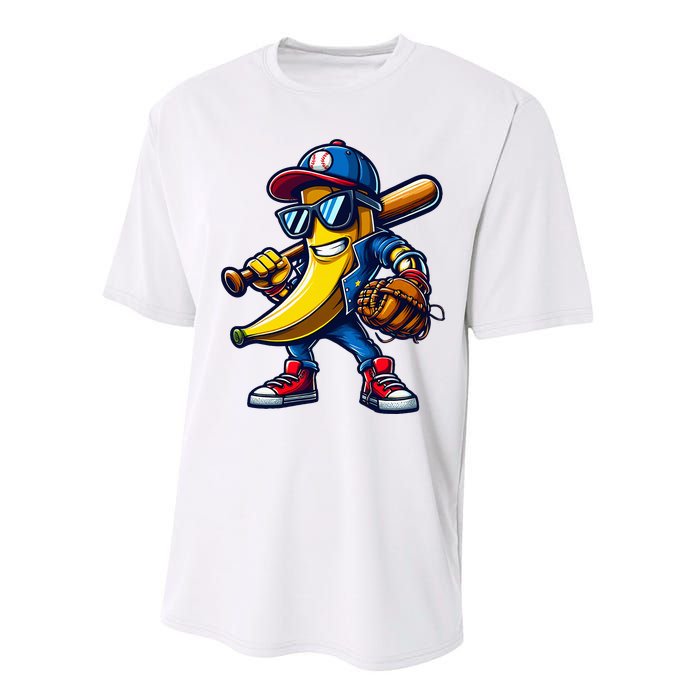 Banana Playing Baseball Fruit Lover Funny Baseball Player Performance Sprint T-Shirt