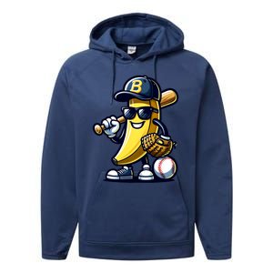 Banana Playing Baseball Fruit Lover Baseball Player Performance Fleece Hoodie