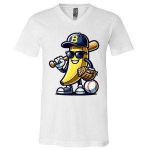 Banana Playing Baseball Fruit Lover Baseball Player V-Neck T-Shirt