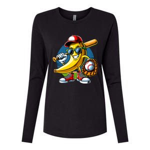 Banana Playing Baseball Fruit Lover Baseball Player Womens Cotton Relaxed Long Sleeve T-Shirt