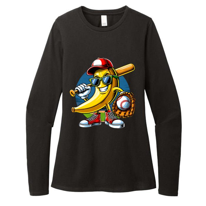 Banana Playing Baseball Fruit Lover Baseball Player Womens CVC Long Sleeve Shirt