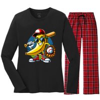 Banana Playing Baseball Fruit Lover Baseball Player Women's Long Sleeve Flannel Pajama Set 