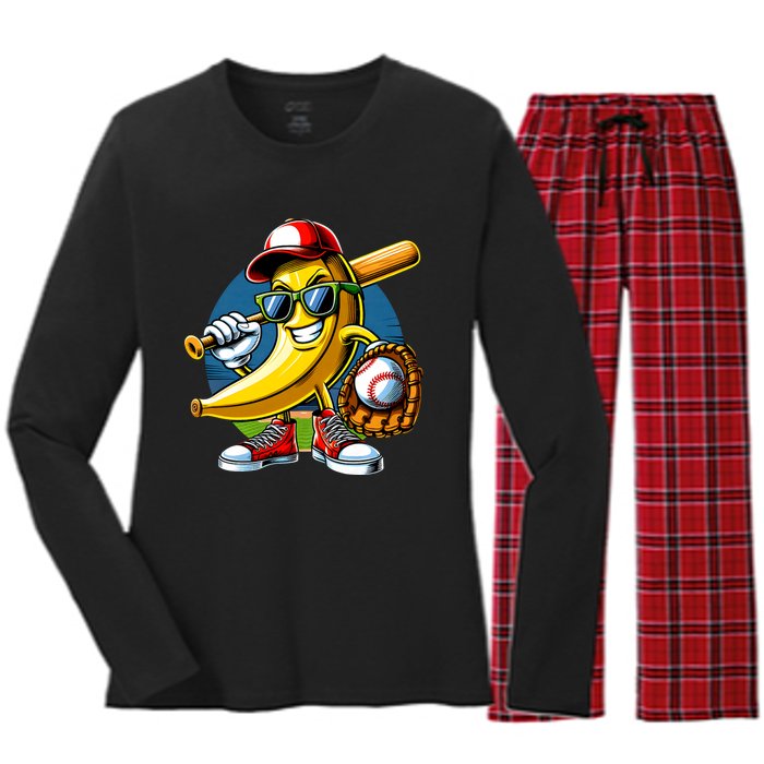 Banana Playing Baseball Fruit Lover Baseball Player Women's Long Sleeve Flannel Pajama Set 