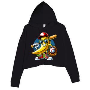 Banana Playing Baseball Fruit Lover Baseball Player Crop Fleece Hoodie