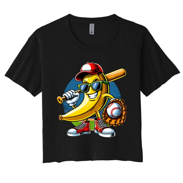 Banana Playing Baseball Fruit Lover Baseball Player Women's Crop Top Tee