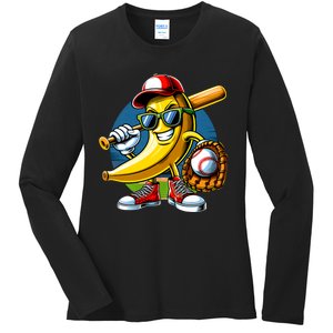 Banana Playing Baseball Fruit Lover Baseball Player Ladies Long Sleeve Shirt