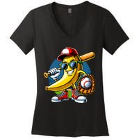 Banana Playing Baseball Fruit Lover Baseball Player Women's V-Neck T-Shirt