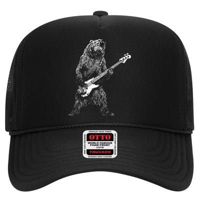 Bear Playing Bass Guitar Animal Playing Guitar High Crown Mesh Back Trucker Hat