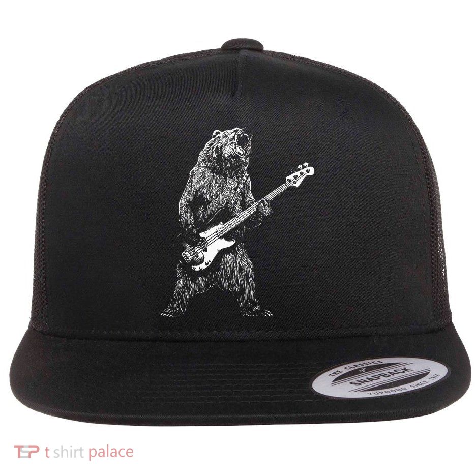 Bear Playing Bass Guitar Animal Playing Guitar Flat Bill Trucker Hat