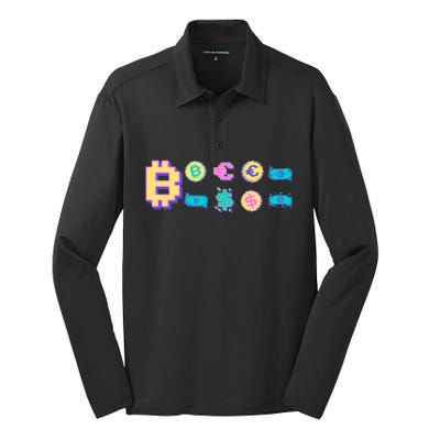 Bitcoin Pixelated Silk Touch Performance Long Sleeve Polo