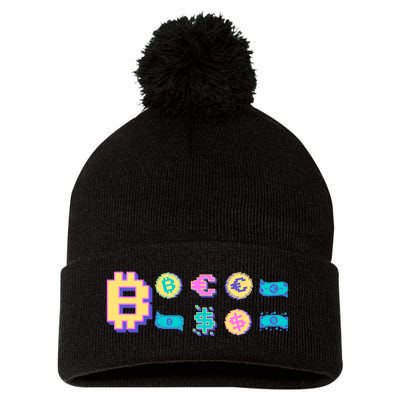 Bitcoin Pixelated Pom Pom 12in Knit Beanie