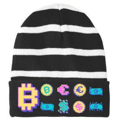 Bitcoin Pixelated Striped Beanie with Solid Band