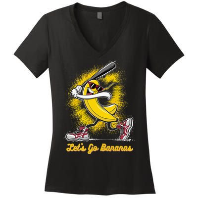 Banana Playing Baseball Fruit Love Women's V-Neck T-Shirt