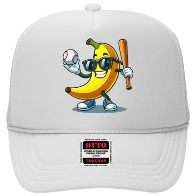 Banana Playing Baseball Fruit Lover Baseball Player High Crown Mesh Back Trucker Hat