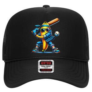 Banana Playing Baseball Fruit Lover Baseball Player High Crown Mesh Back Trucker Hat