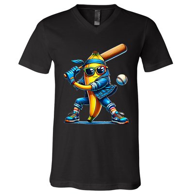 Banana Playing Baseball Fruit Lover Baseball Player V-Neck T-Shirt