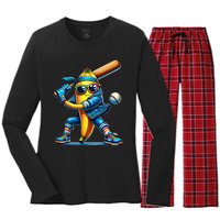 Banana Playing Baseball Fruit Lover Baseball Player Women's Long Sleeve Flannel Pajama Set 