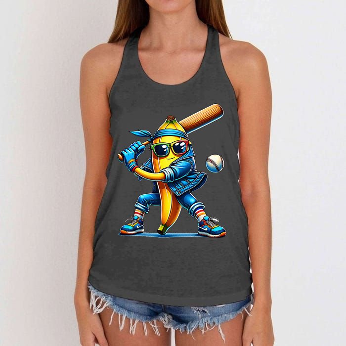 Banana Playing Baseball Fruit Lover Baseball Player Women's Knotted Racerback Tank