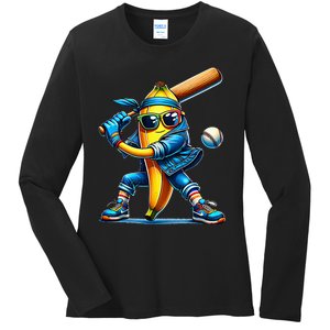 Banana Playing Baseball Fruit Lover Baseball Player Ladies Long Sleeve Shirt