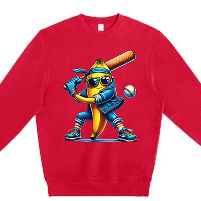 Banana Playing Baseball Fruit Lover Baseball Player Premium Crewneck Sweatshirt