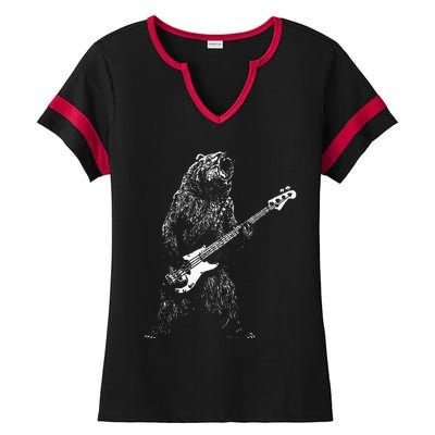 Bear Playing Bass Guitar For Men Animal Playing Guitar Ladies Halftime Notch Neck Tee