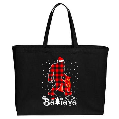 Buffalo Plaid Believe Bigfoot Santa Hat Christmas Cotton Canvas Jumbo Tote