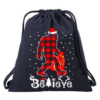 Buffalo Plaid Believe Bigfoot Santa Hat Christmas Drawstring Bag