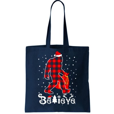 Buffalo Plaid Believe Bigfoot Santa Hat Christmas Tote Bag