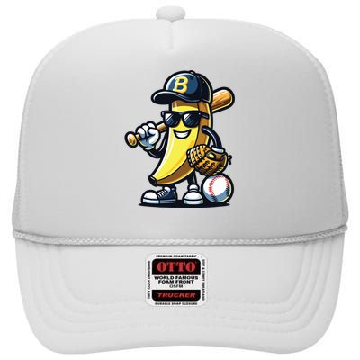 Banana Playing Baseball Fruit Lover Baseball Player High Crown Mesh Back Trucker Hat